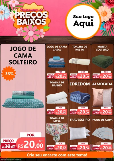 Modelo de Encarte para Encarte A4 Vertical com o tema Primavera de Preços Baixos para Cama, Mesa e Banho