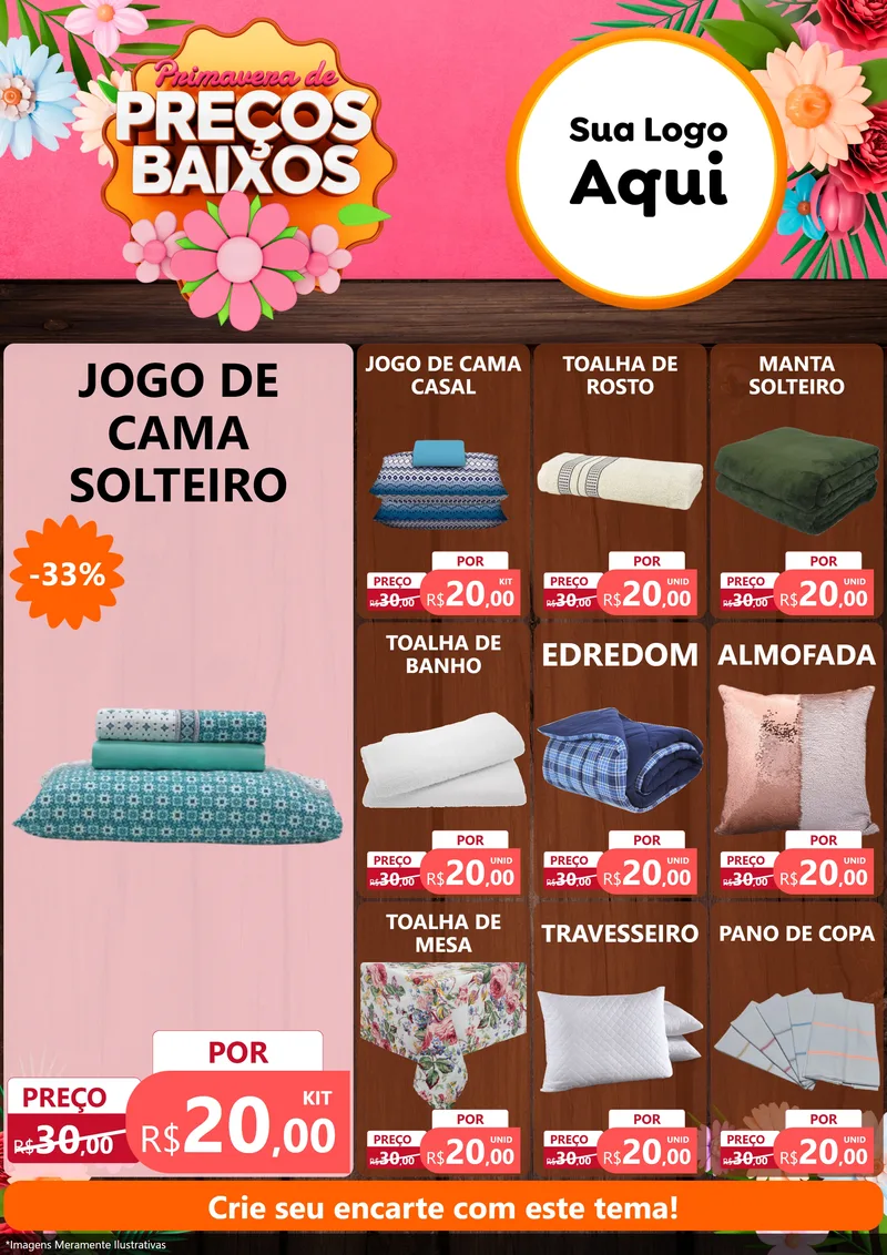 Modelo de Encarte para Encarte A4 Vertical com o tema Primavera de Preços Baixos para Cama, Mesa e Banho