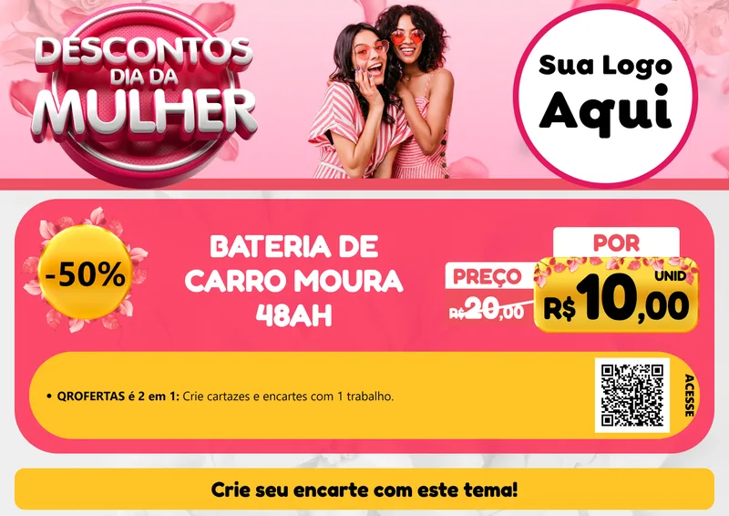 Modelo de Cartaz para Cartaz A4 Horizontal com o tema Descontos Dia da Mulher para Baterias Elétricas