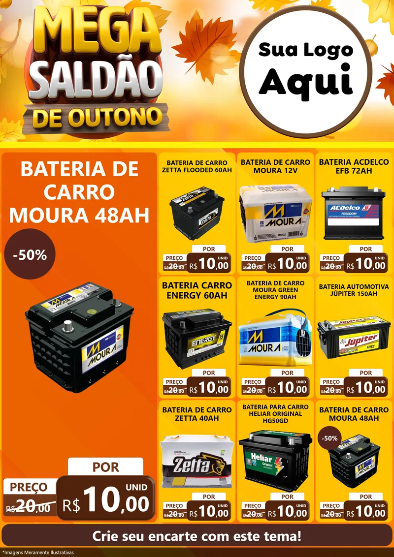 Modelo de Encarte para Encarte A4 Vertical com o tema Mega Saldão de Outono para Baterias Elétricas