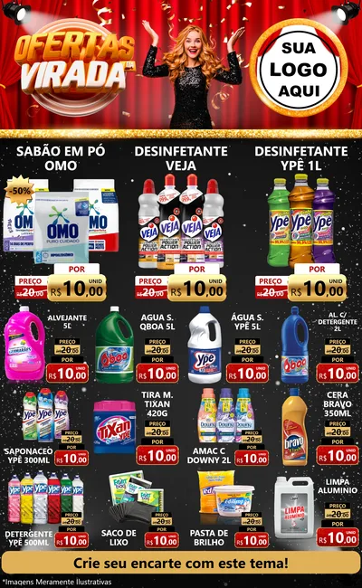 Modelo de Encarte para Encarte Grande com o tema Ofertas da Virada para Produtos de Limpeza
