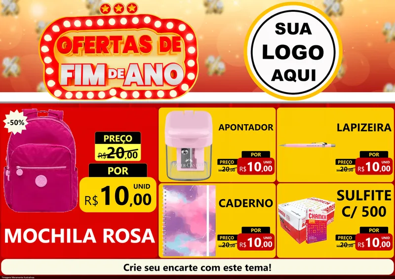 Modelo de Encarte para Encarte A4 Horizontal com o tema Ofertas de Fim de Ano para Papelaria