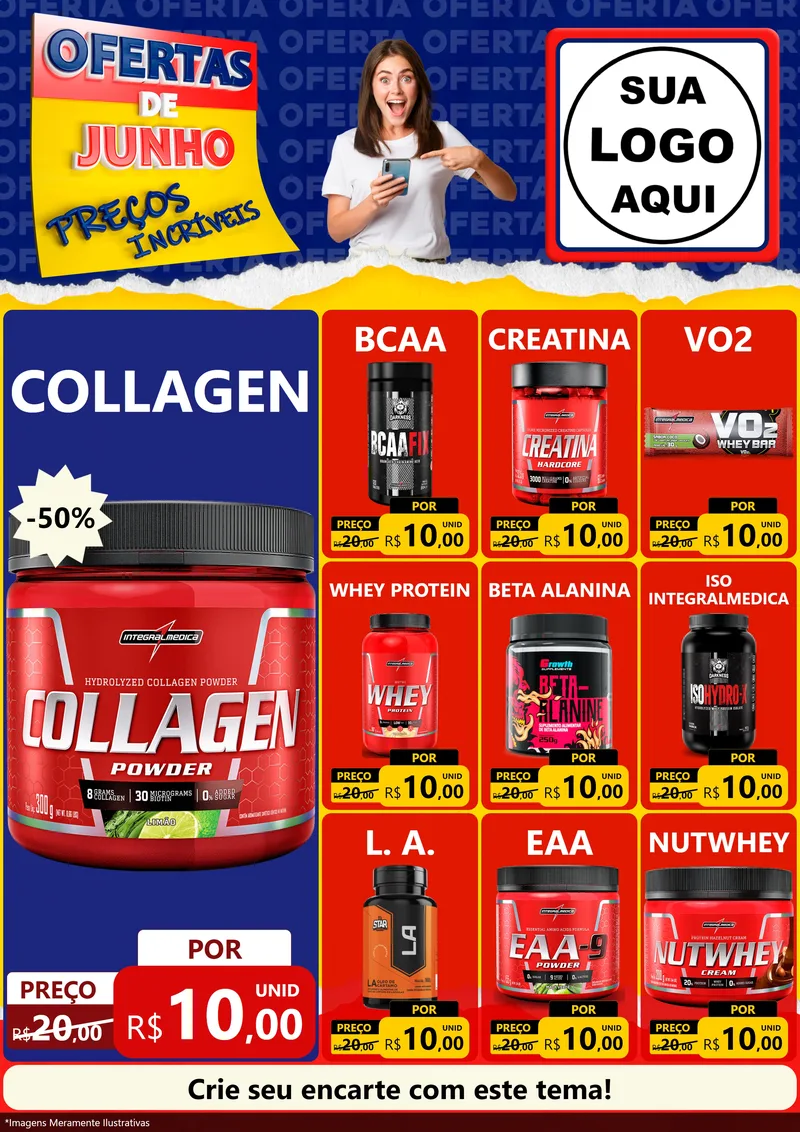 Modelo de Encarte para Encarte A4 Vertical com o tema Ofertas de Junho - Preços Incríveis para Suplementos alimentares