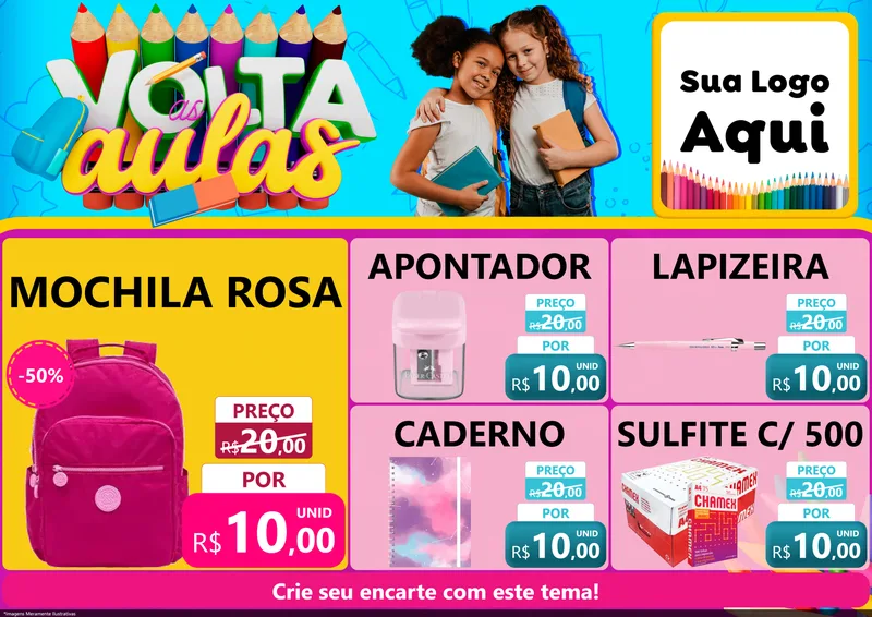 Modelo de Encarte para Encarte A4 Horizontal com o tema Volta às Aulas para Papelaria