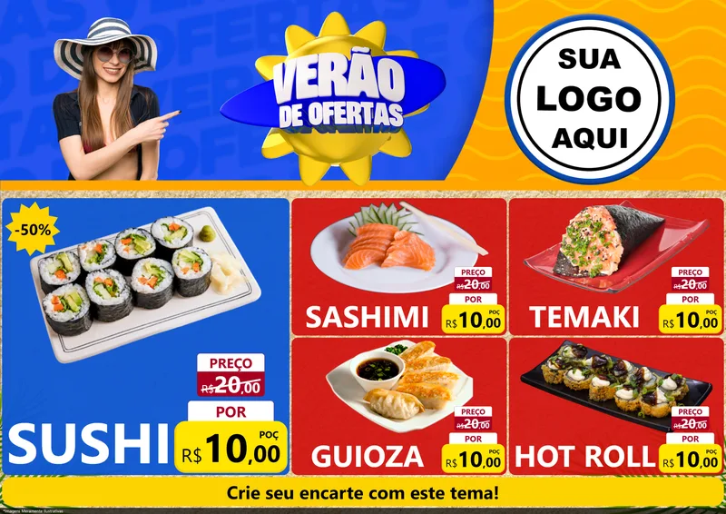 Modelo de Encarte para Encarte A4 Horizontal com o tema Verão de Ofertas para Comida japonesa