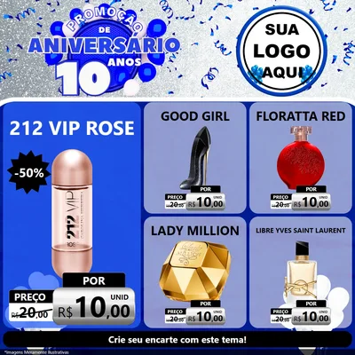 Modelo de Rede Social para Feed Facebook com o tema Promoção de Aniversário - 10 Anos para Perfumes