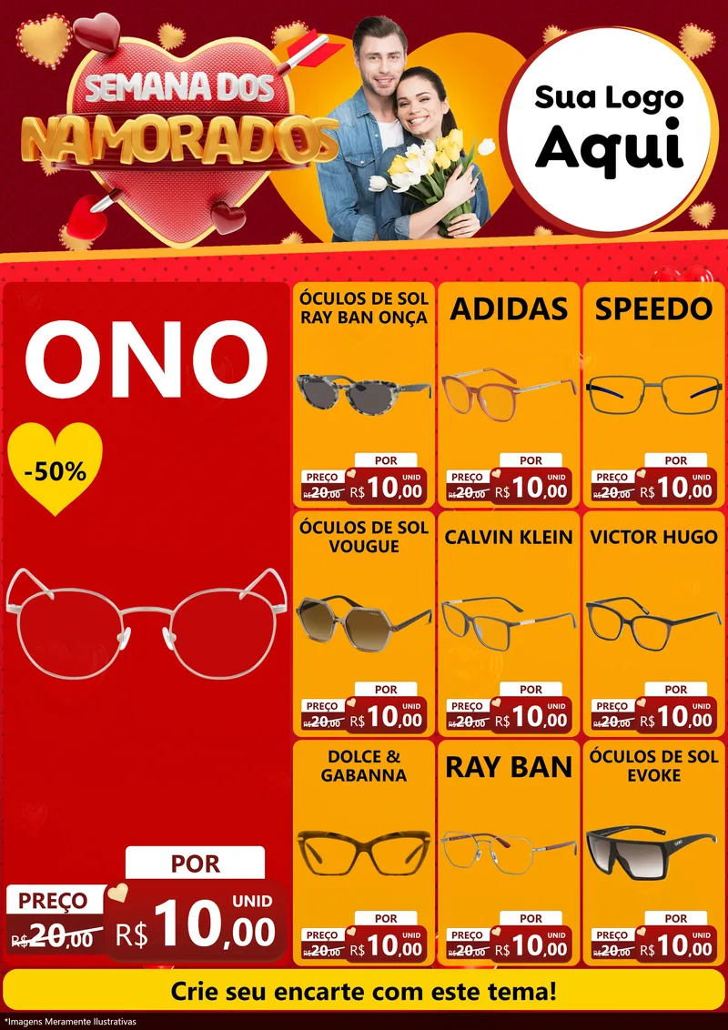 Modelo de Encarte para Encarte A4 Vertical com o tema Semana dos Namorados para Óticas
