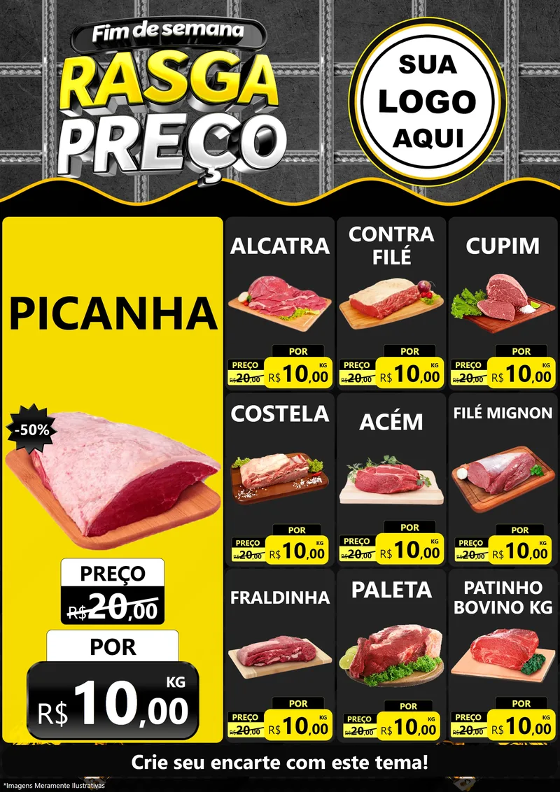 Modelo de Encarte para Encarte A4 Vertical com o tema Fim de Semana Rasga Preço para Açougue