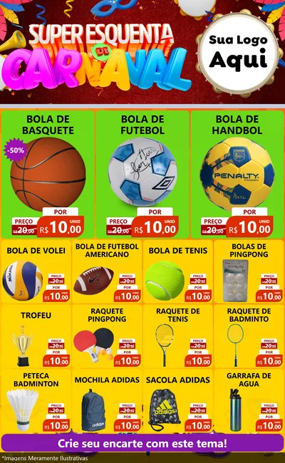 Modelo de Encarte para Encarte Grande com o tema Super Esquenta de Carnaval para Artigos Esportivos