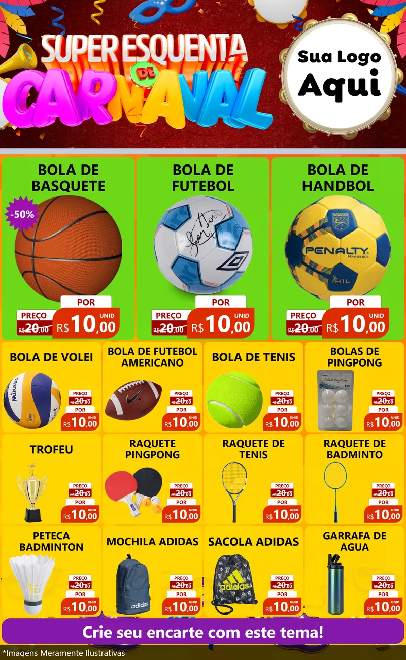 Modelo de Encarte para Encarte Grande com o tema Super Esquenta de Carnaval para Artigos Esportivos