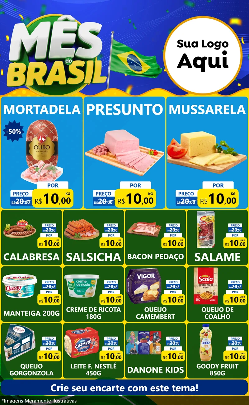 Modelo de Encarte para Encarte Grande com o tema Mês do Brasil para Frios e Laticínios