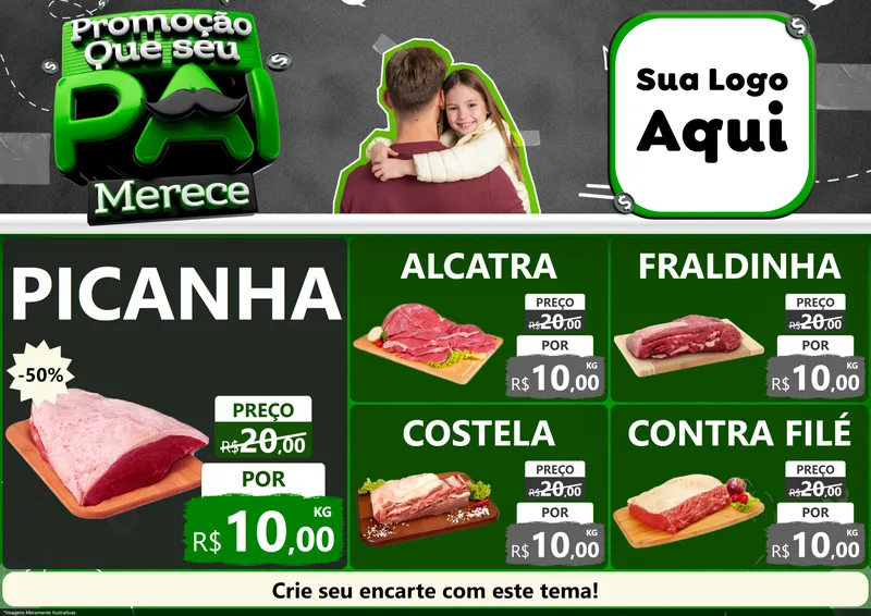 Modelo de Encarte para Encarte A4 Horizontal com o tema Promoção Que seu Pai Merece para Açougue