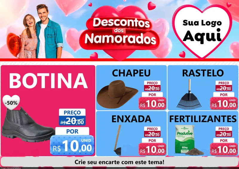 Modelo de Encarte para Encarte A4 Horizontal com o tema Descontos dos Namorados para Agropecuária