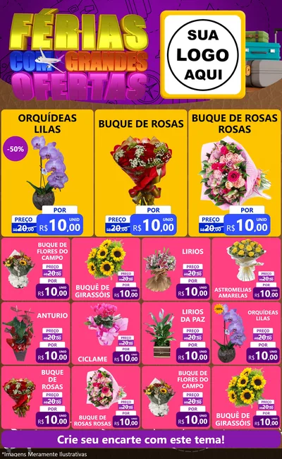 Modelo de Encarte para Encarte Grande com o tema Férias com Grandes Ofertas para Floricultura e jardim
