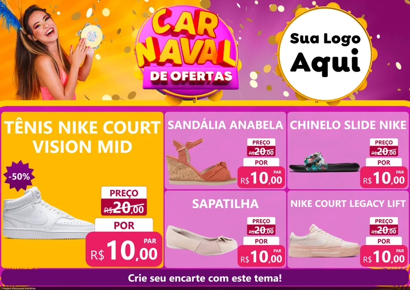 Modelo de Encarte para Encarte A4 Horizontal com o tema Carnaval de Ofertas para Calçados