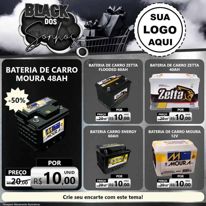 Modelo de Rede Social para Feed Facebook com o tema Black dos Sonhos para Baterias Elétricas