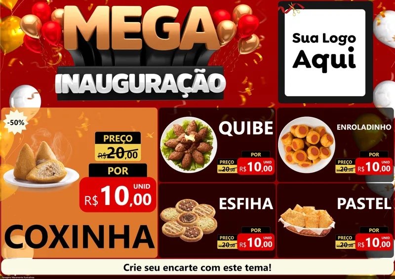Modelo de Encarte para Encarte A4 Horizontal com o tema Mega Inauguração para Salgadaria