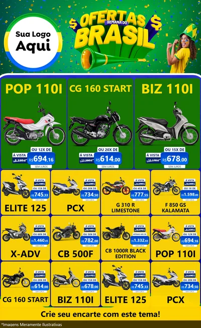 Modelo de Encarte para Encarte Grande com o tema Ofertas Semana do Brasil para Concessionaria de Motos