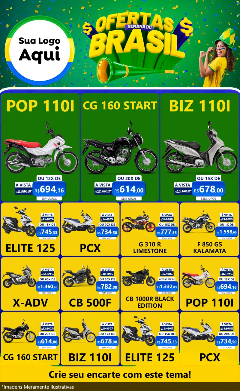 Modelo de Encarte para Encarte Grande com o tema Ofertas Semana do Brasil para Concessionaria de Motos