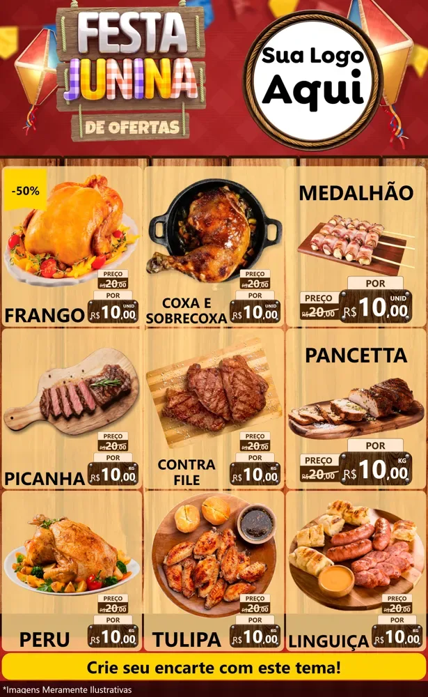 Modelo de Encarte para Encarte Grande com o tema Festa Junina de Ofertas para Assados