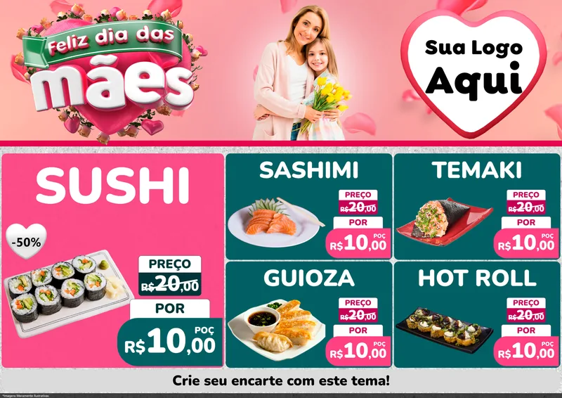 Modelo de Encarte para Encarte A4 Horizontal com o tema Feliz Dia das Mães para Comida japonesa