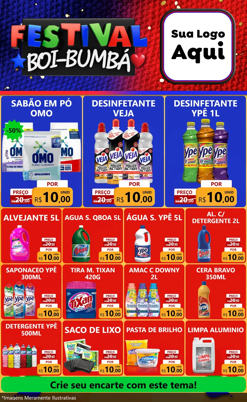 Modelo de Encarte para Encarte Grande com o tema Festival Boi-Bumbá para Produtos de Limpeza