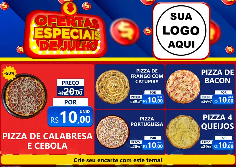 Modelo de Encarte para Encarte A4 Horizontal com o tema Ofertas Especiais de Julho para Pizzaria