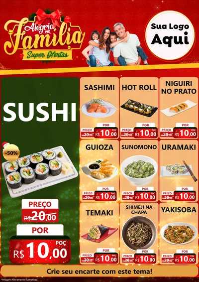 Modelo de Encarte para Encarte A4 Vertical com o tema Alegria em Família Super Ofertas - Natal para Comida japonesa