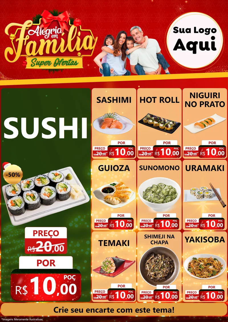 Modelo de Encarte para Encarte A4 Vertical com o tema Alegria em Família Super Ofertas - Natal para Comida japonesa