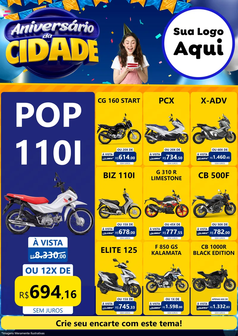 Modelo de Encarte para Encarte A4 Vertical com o tema Aniversário da Cidade para Concessionaria de Motos