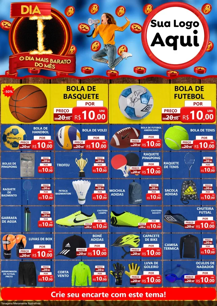 Modelo de Encarte para Encarte A4 Vertical com o tema Dia I - O Dia Mais Barato Do Mês para Artigos Esportivos