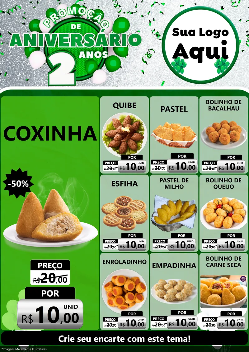 Modelo de Encarte para Encarte A4 Vertical com o tema Promoção de Aniversário - 2 Anos para Salgadaria