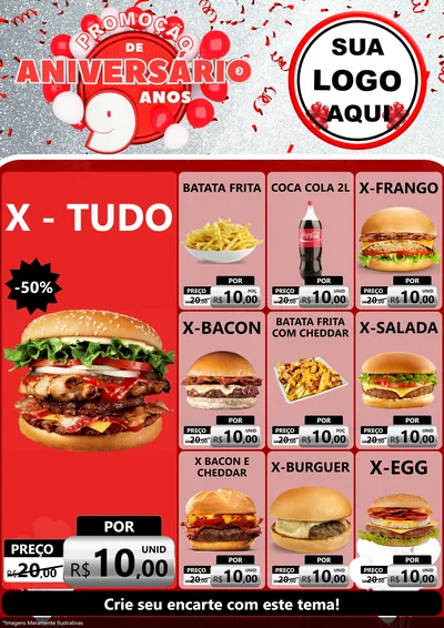 Modelo de Encarte para Encarte A4 Vertical com o tema Promoção de Aniversário - 9 Anos para Hamburgueria