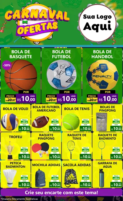 Modelo de Encarte para Encarte Grande com o tema Carnaval de Ofertas para Artigos Esportivos