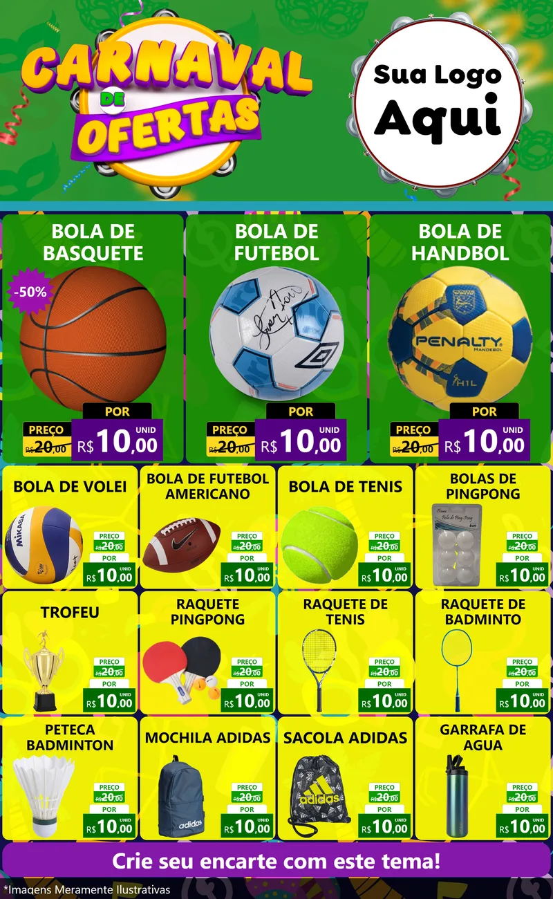 Modelo de Encarte para Encarte Grande com o tema Carnaval de Ofertas para Artigos Esportivos