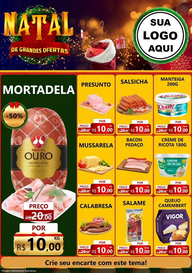 Modelo de Encarte para Encarte A4 Vertical com o tema Natal de Grandes Ofertas para Frios e Laticínios