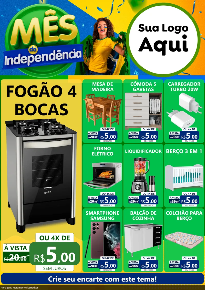 Modelo de Encarte para Encarte A4 Vertical com o tema Mês da Independência para Móveis e Eletro