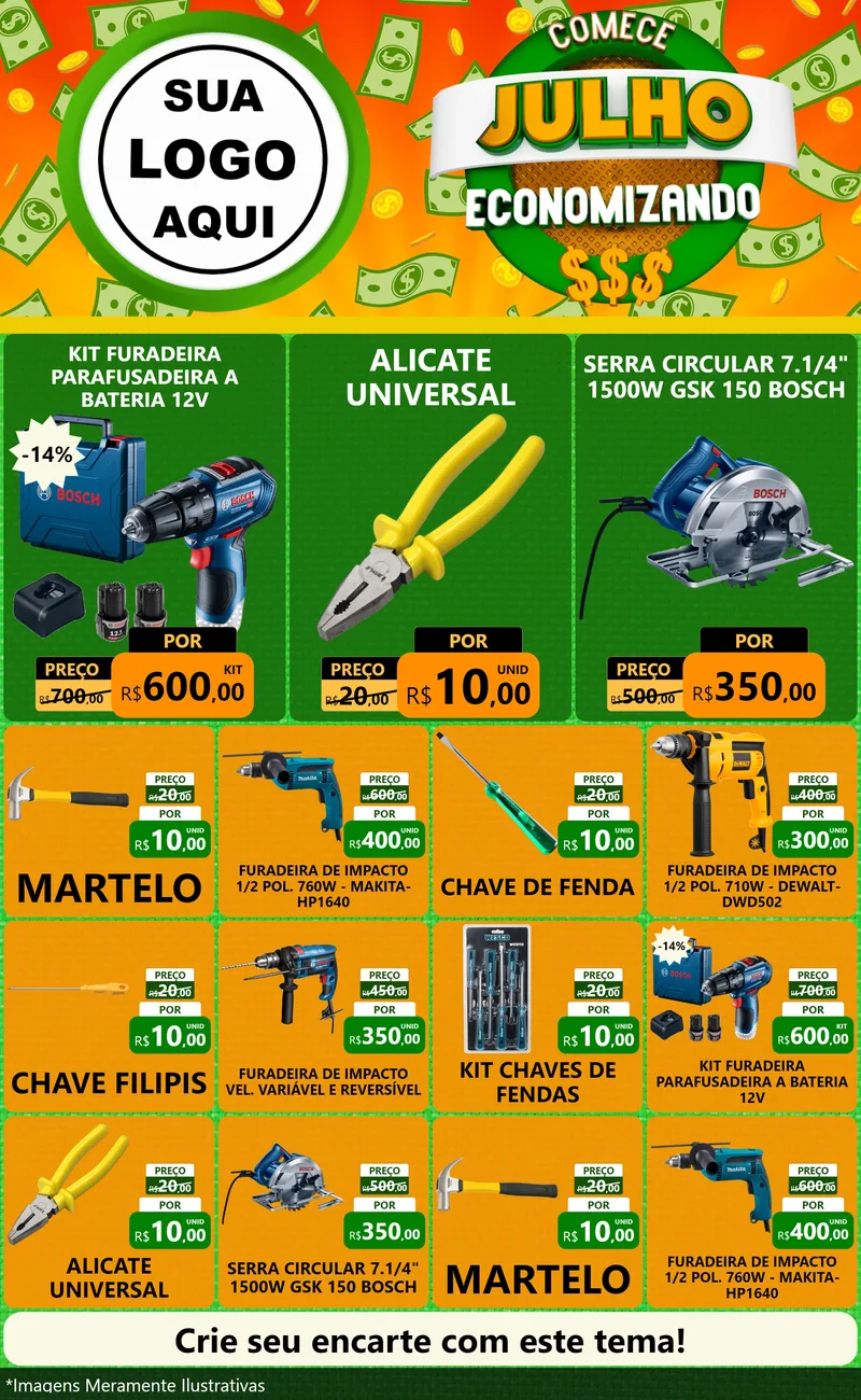 Modelo de Encarte para Encarte Grande com o tema Comece Julho Economizando para Maquinas e Ferramentas