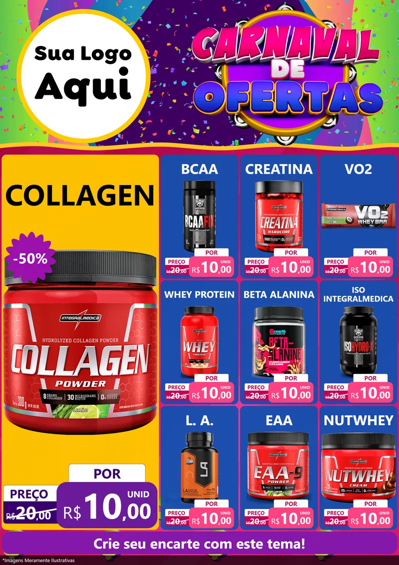 Modelo de Encarte para Encarte A4 Vertical com o tema Carnaval de Ofertas para Suplementos alimentares