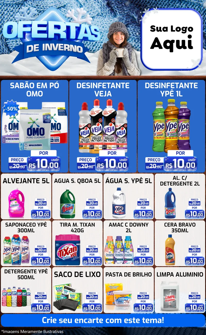 Modelo de Encarte para Encarte Grande com o tema Ofertas de Inverno para Produtos de Limpeza