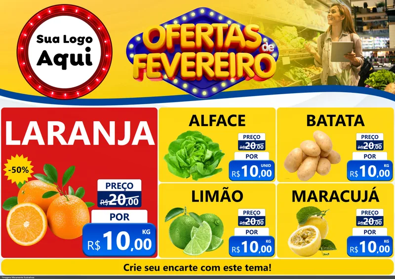 Modelo de Encarte para Encarte A4 Horizontal com o tema Ofertas de Fevereiro para Hortifrúti