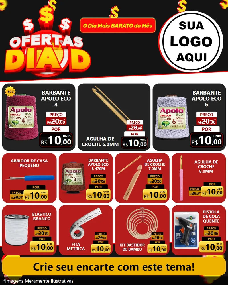 Modelo de Rede Social para Feed Instagram com o tema Ofertas Dia D para Armarinho e Aviamentos