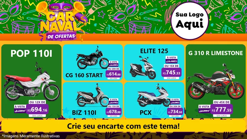 Modelo de TV para TV Horizontal com o tema Carnaval de Ofertas para Concessionaria de Motos