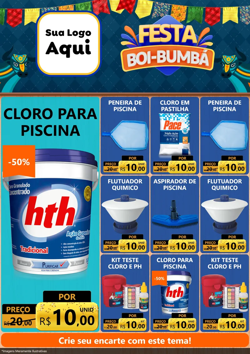 Modelo de Encarte para Encarte A4 Vertical com o tema Festa Boi Bumbá para Produtos para Piscina