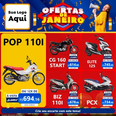Modelo de Rede Social para Feed Facebook com o tema Ofertas de Janeiro para Concessionaria de Motos