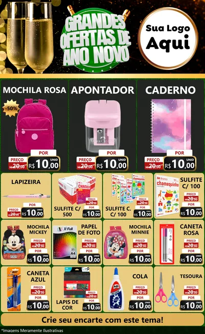 Modelo de Encarte para Encarte Grande com o tema Grandes Ofertas de Ano Novo para Papelaria