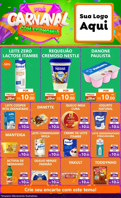 Modelo de Encarte para Encarte Grande com o tema Pré-Carnaval Com Economia para Frios e Laticínios