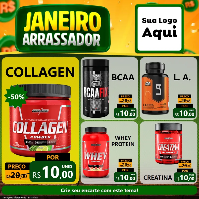 Modelo de Rede Social para Feed Facebook com o tema Janeiro Arrasador para Suplementos alimentares