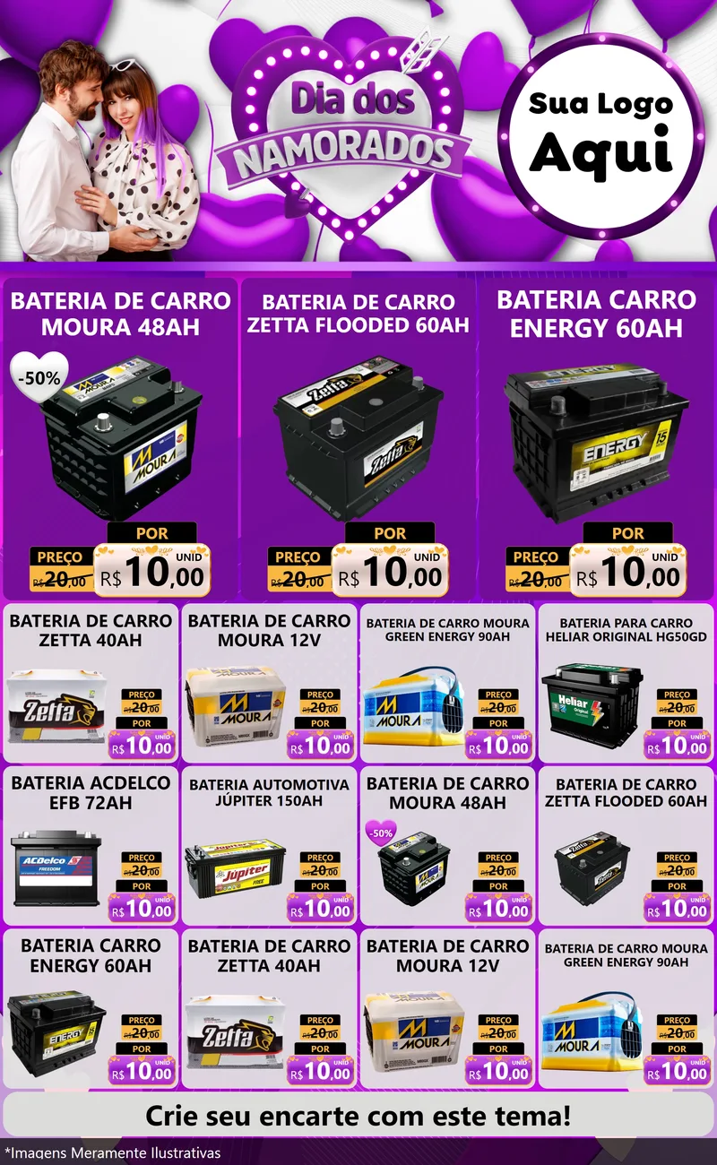 Modelo de Encarte para Encarte Grande com o tema Dia dos Namorados para Baterias Elétricas