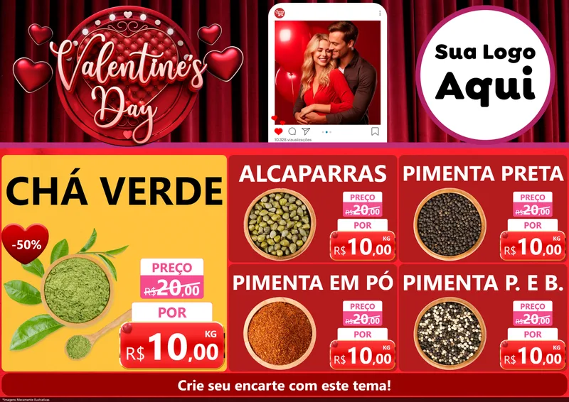 Modelo de Encarte para Encarte A4 Horizontal com o tema Valentine's Day para Produtos Naturais